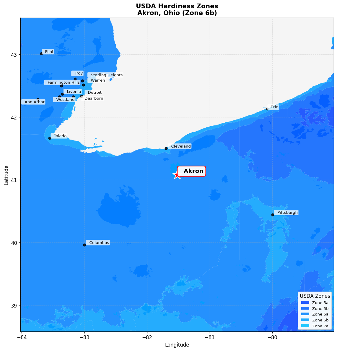 USDA Hardiness Zone 6b Map for Akron, OH