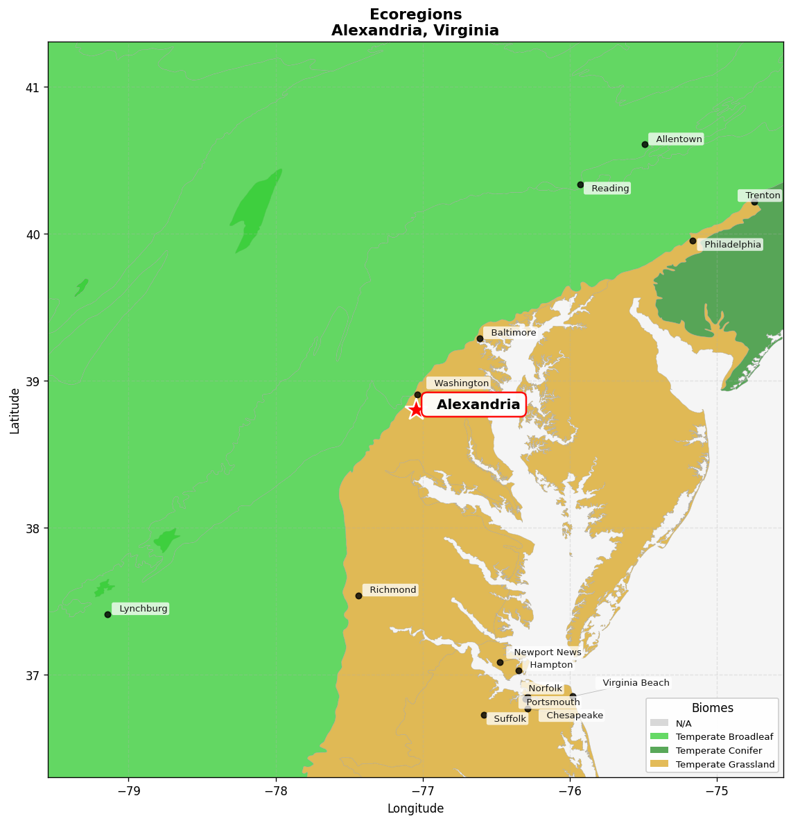 Southeast US conifer savannas Ecoregion Map for Alexandria, VA