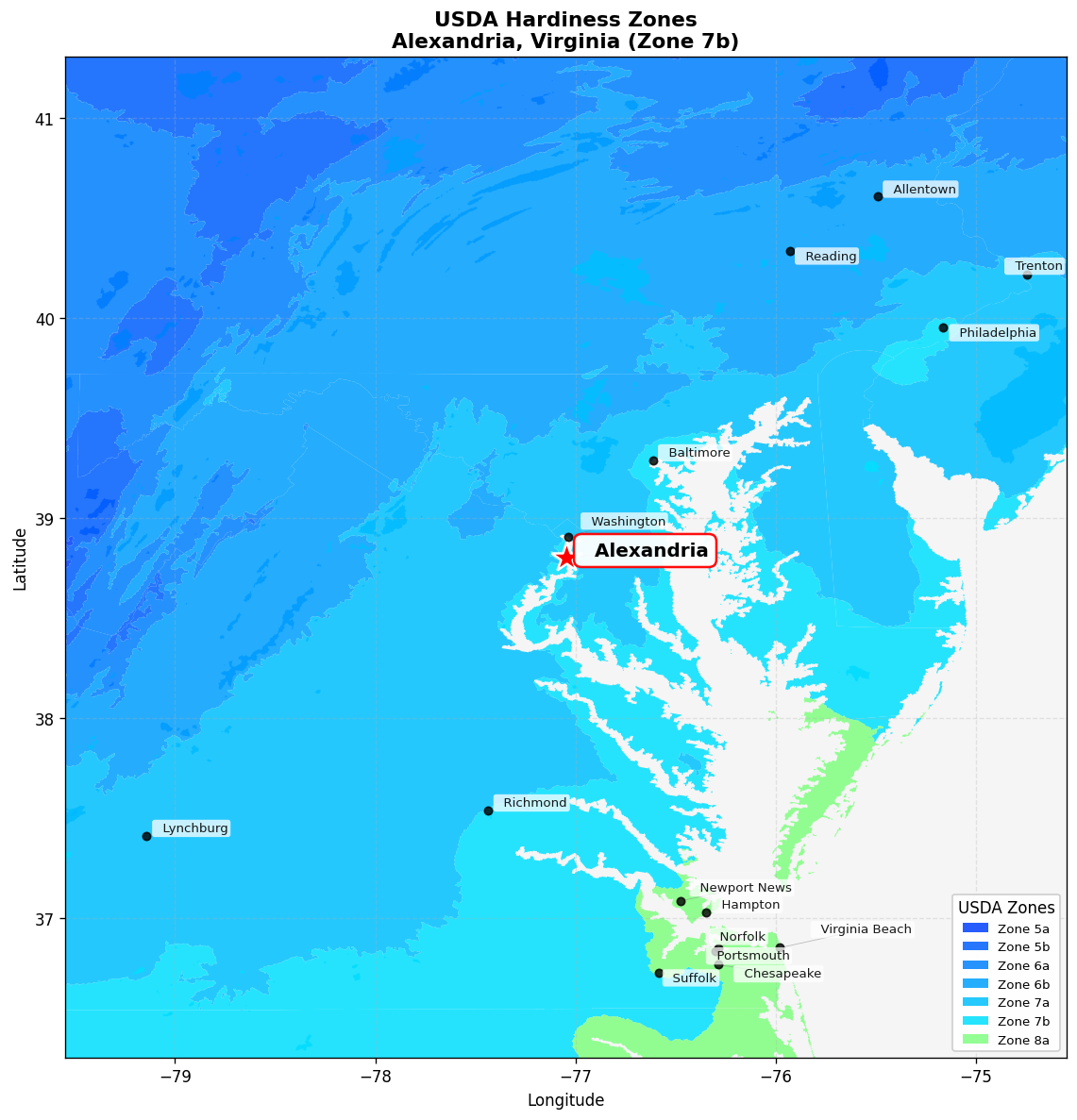 USDA Hardiness Zone 7b Map for Alexandria, VA