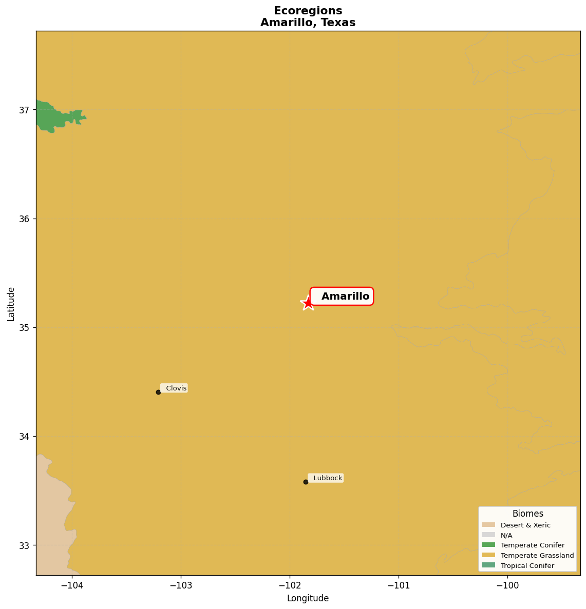 Western shortgrass prairie Ecoregion Map for Amarillo, TX