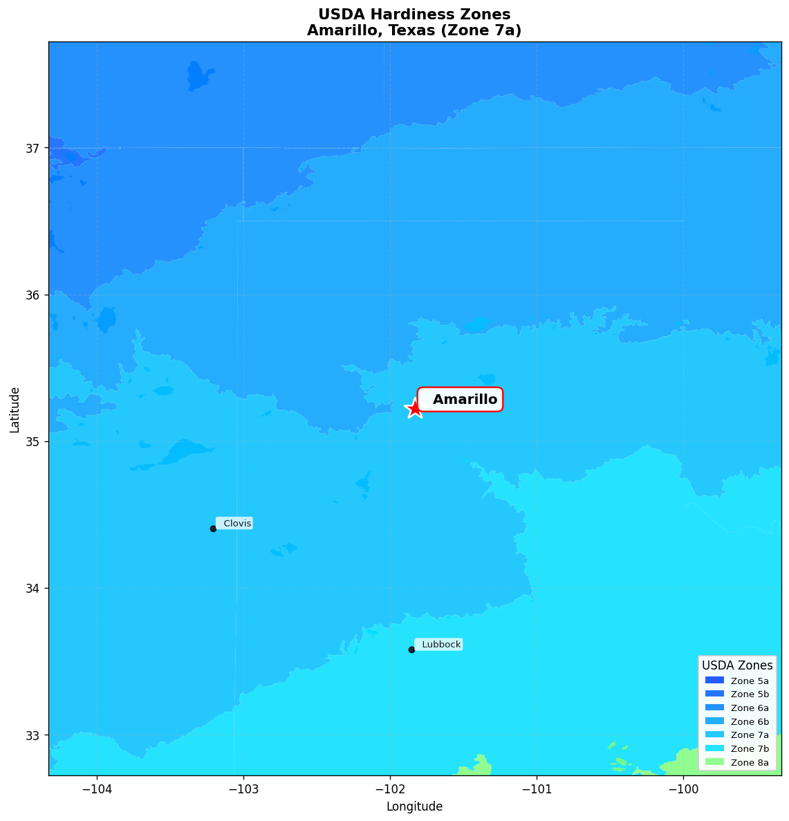 USDA Hardiness Zone 7a Map for Amarillo, TX