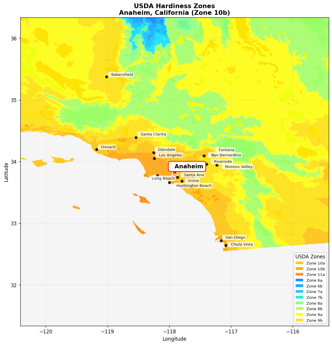 USDA Hardiness Zone 10b Map for Anaheim, CA