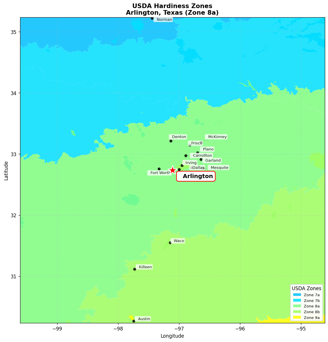 USDA Hardiness Zone Map for Arlington, TX