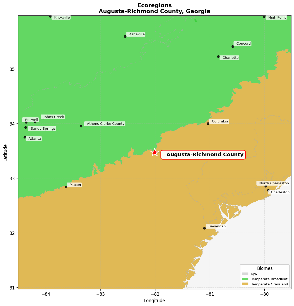 Southeast US conifer savannas Ecoregion Map for Augusta-Richmond County, GA