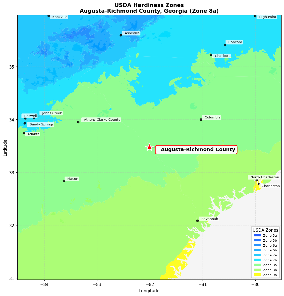 USDA Hardiness Zone 8a Map for Augusta-Richmond County, GA