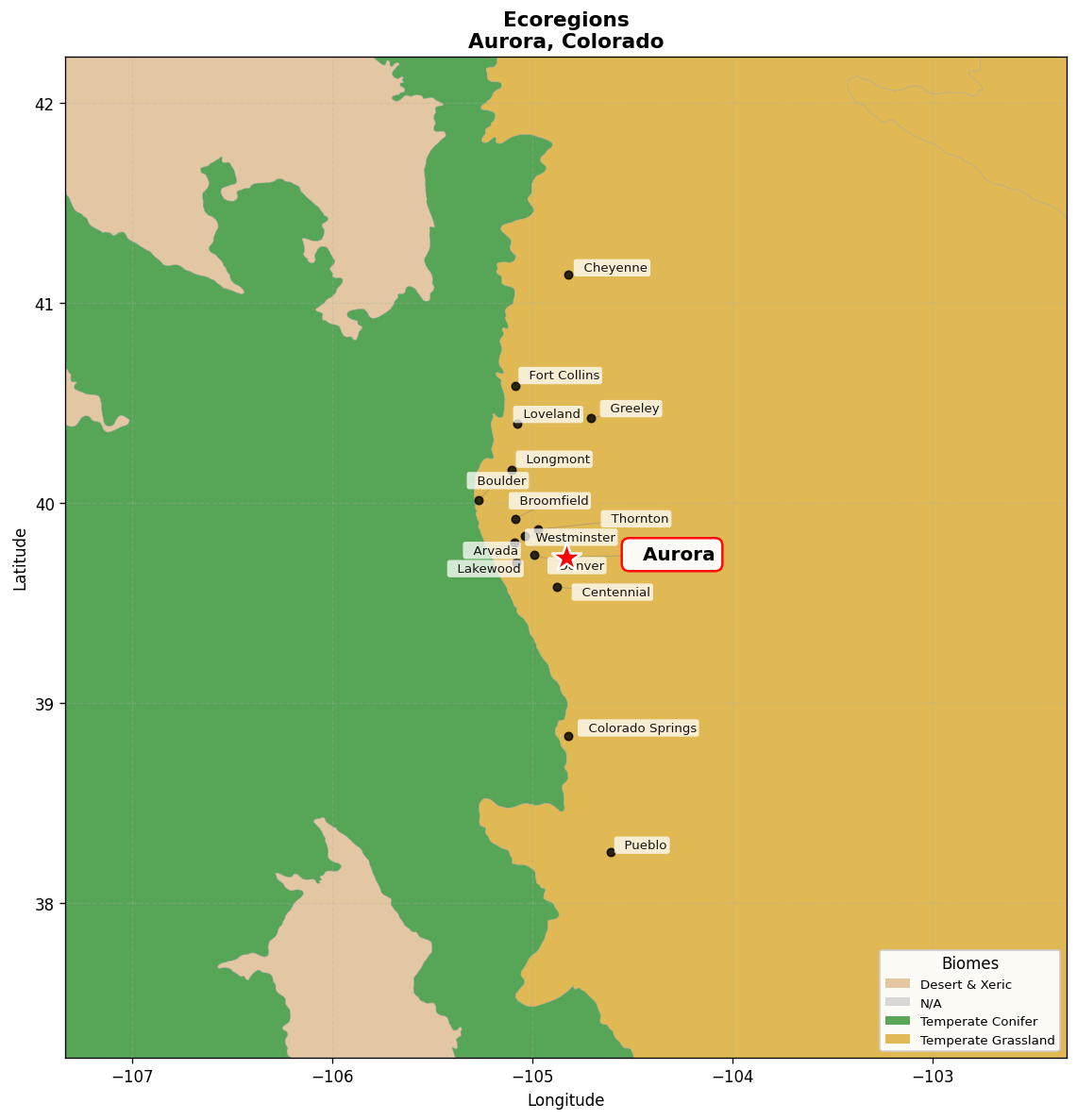 Western shortgrass prairie Ecoregion Map for Aurora, CO