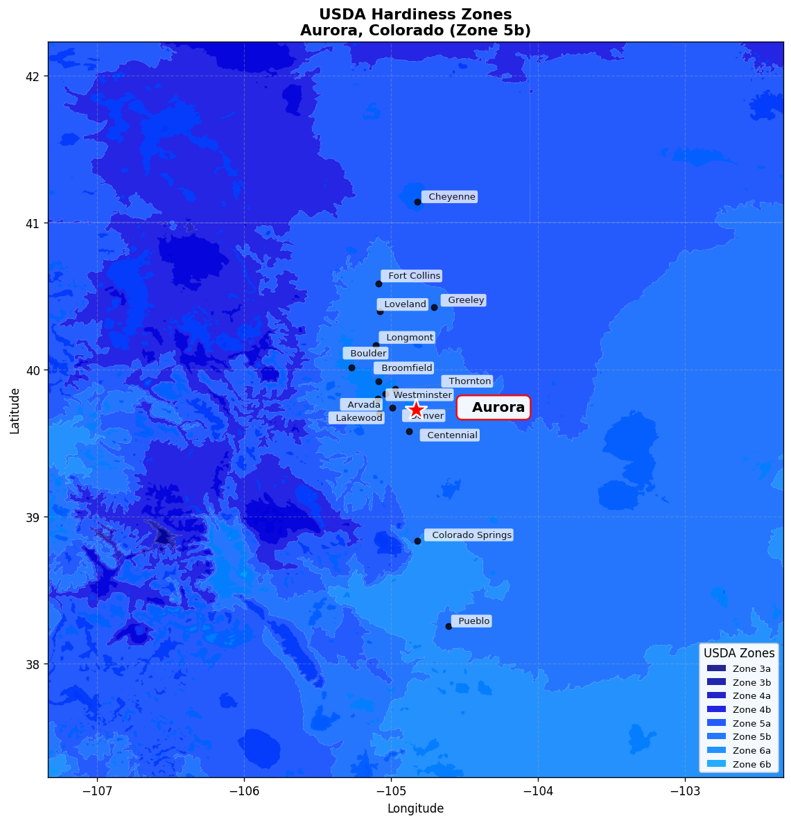 USDA Hardiness Zone 5b Map for Aurora, CO