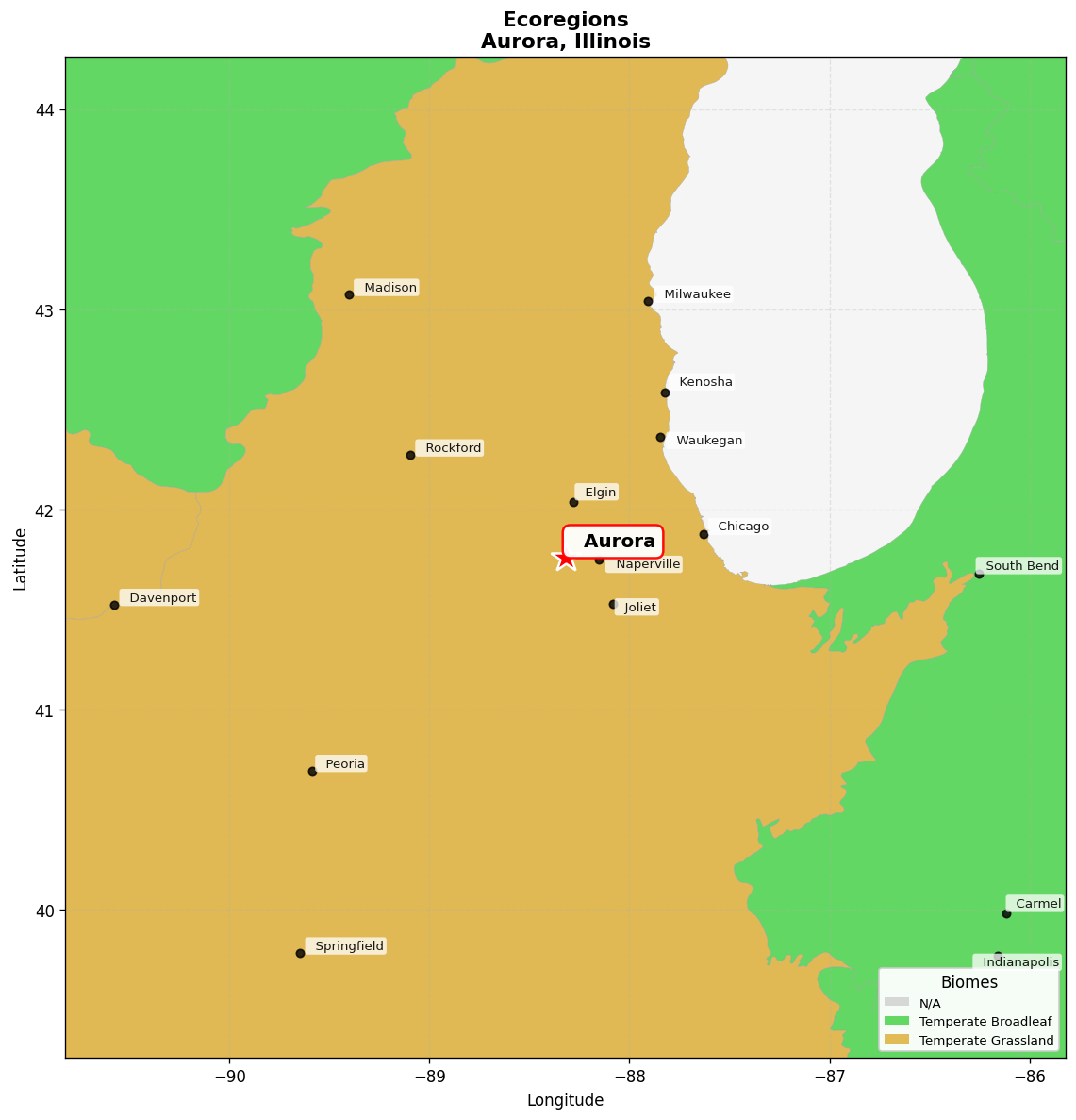 Central US forest-grasslands transition Ecoregion Map for Aurora, IL