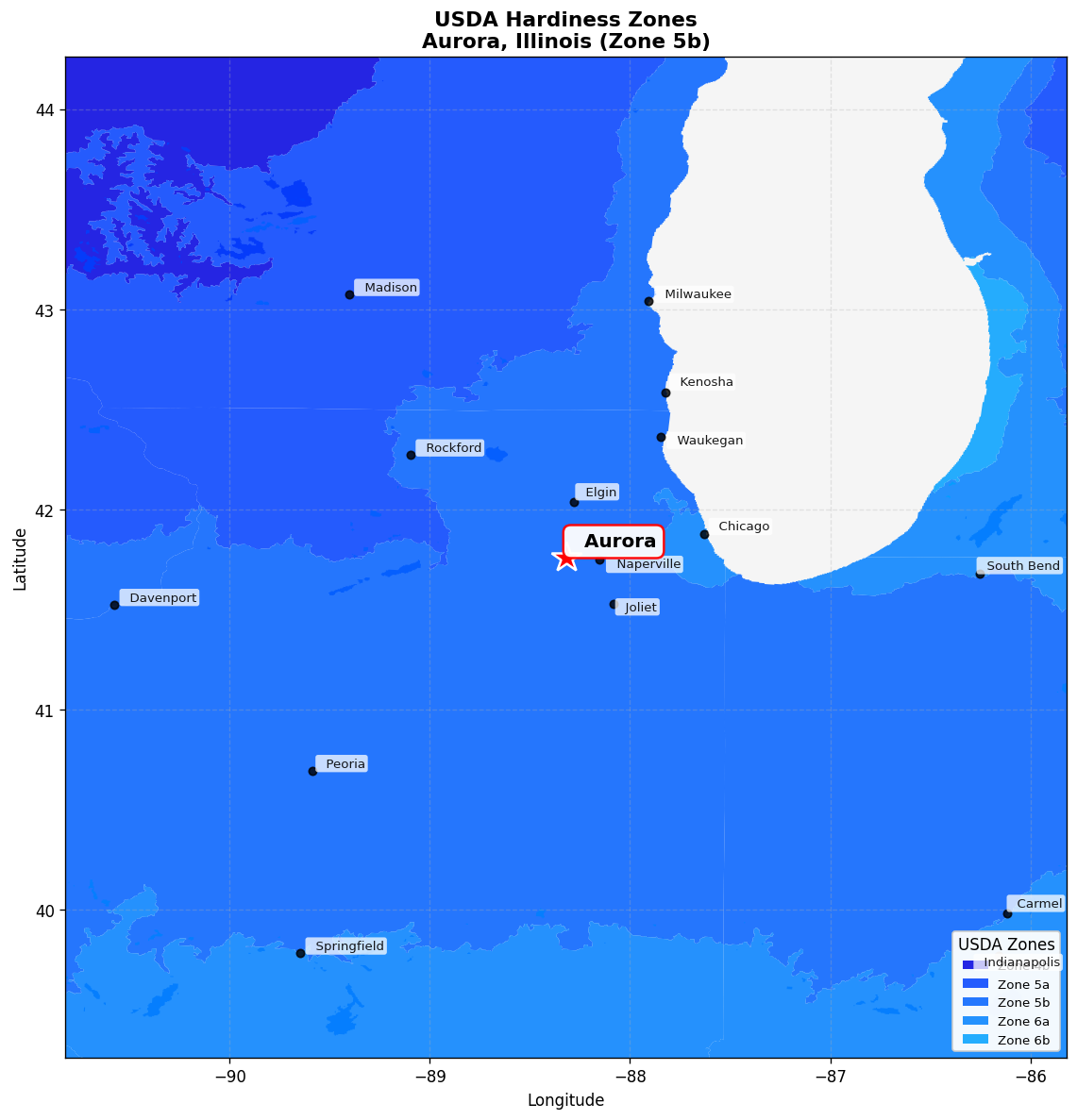 USDA Hardiness Zone 5b Map for Aurora, IL