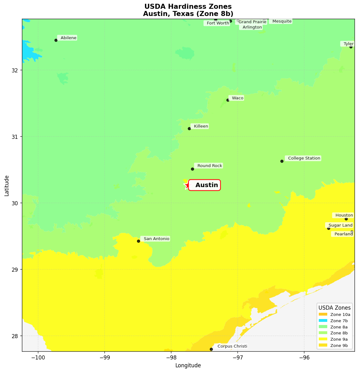 USDA Hardiness Zone Map for Austin, TX