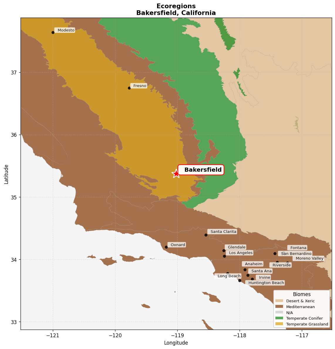 California Central Valley grasslands Ecoregion Map for Bakersfield, CA