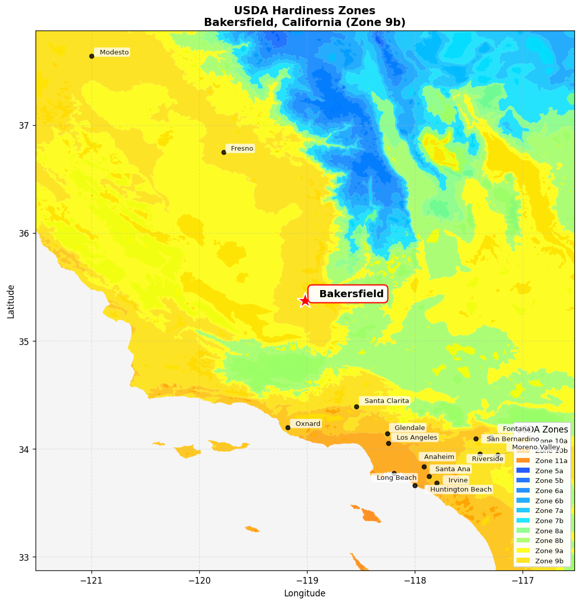 USDA Hardiness Zone 9b Map for Bakersfield, CA