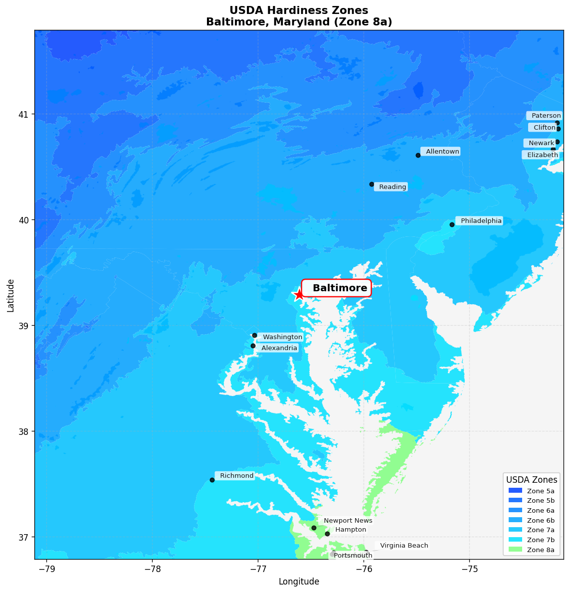 USDA Hardiness Zone Map for Baltimore, MD