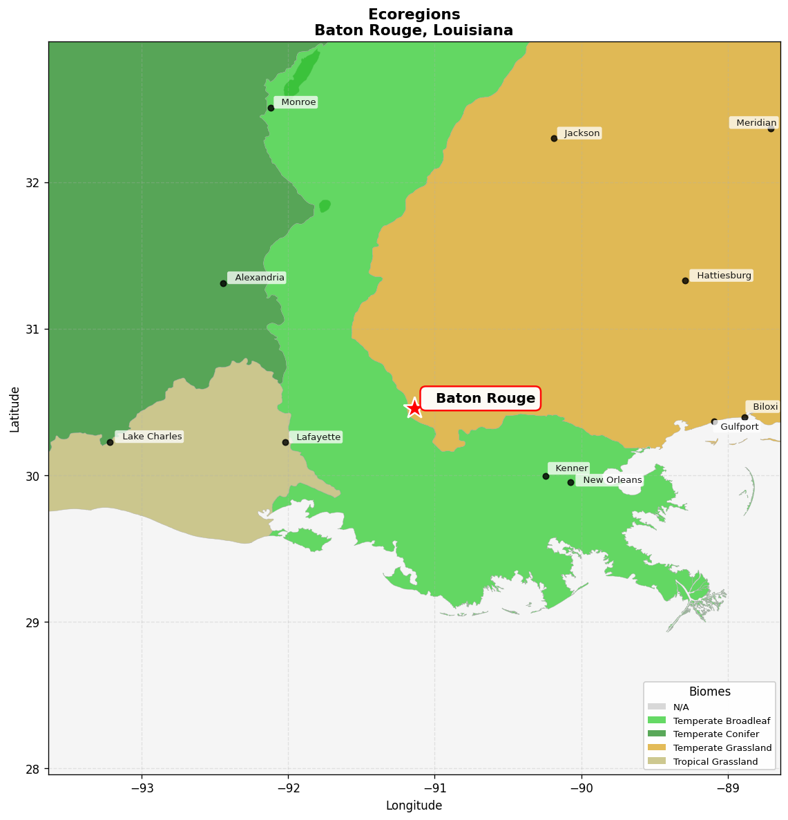 Southeast US conifer savannas Ecoregion Map for Baton Rouge, LA