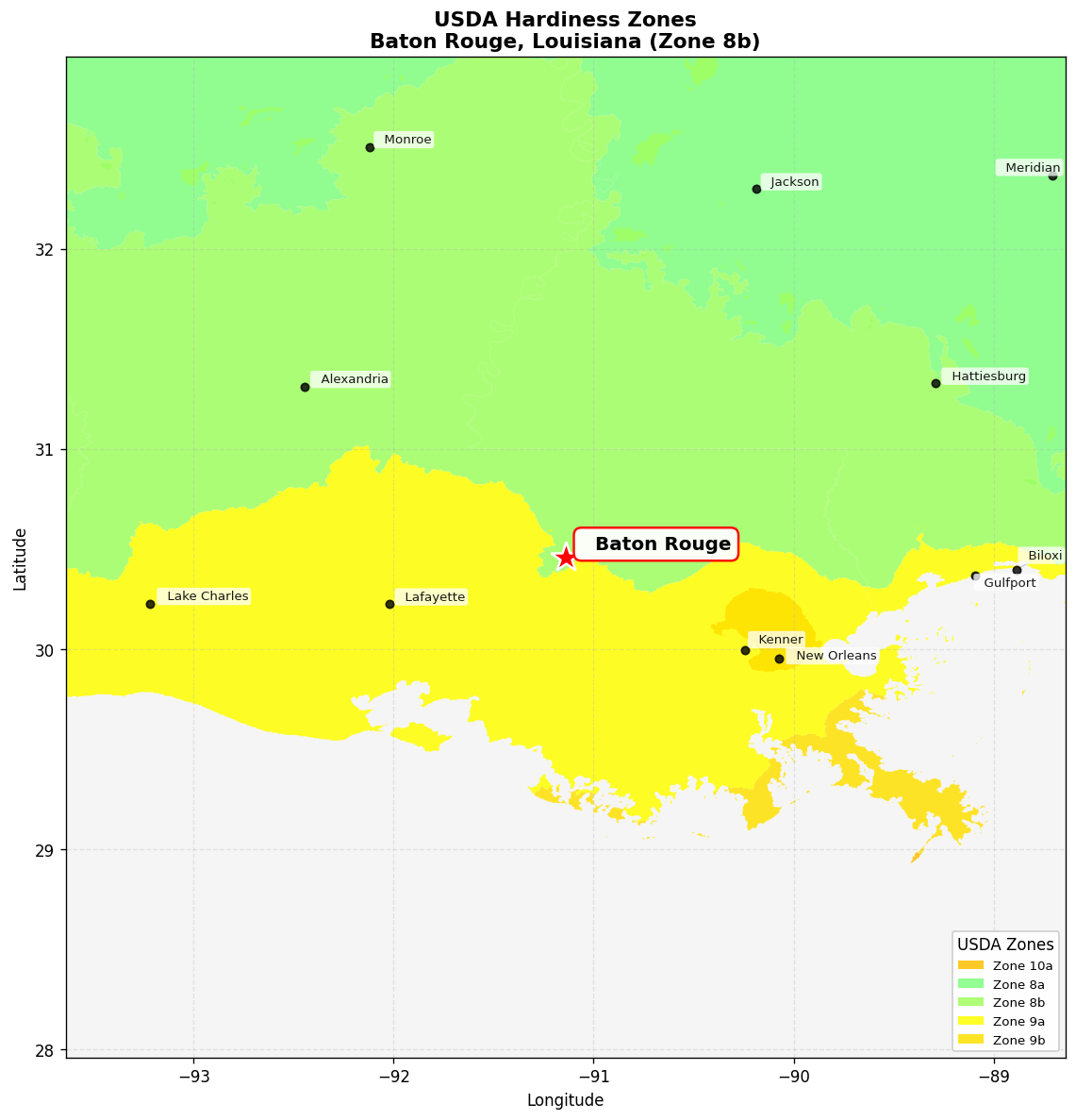 USDA Hardiness Zone 8b Map for Baton Rouge, LA