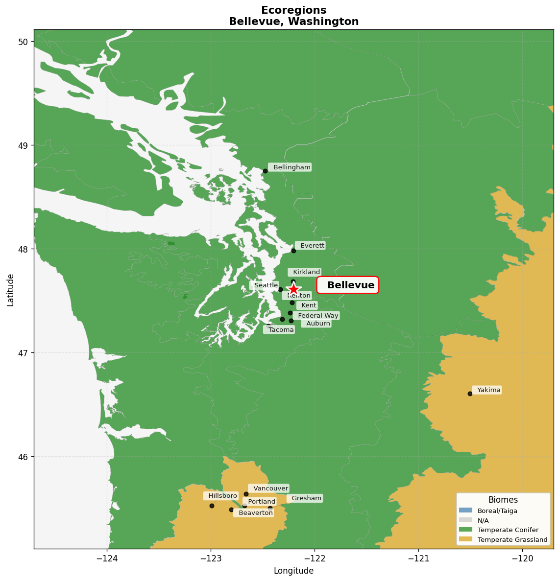 Puget lowland forests Ecoregion Map for Bellevue, WA