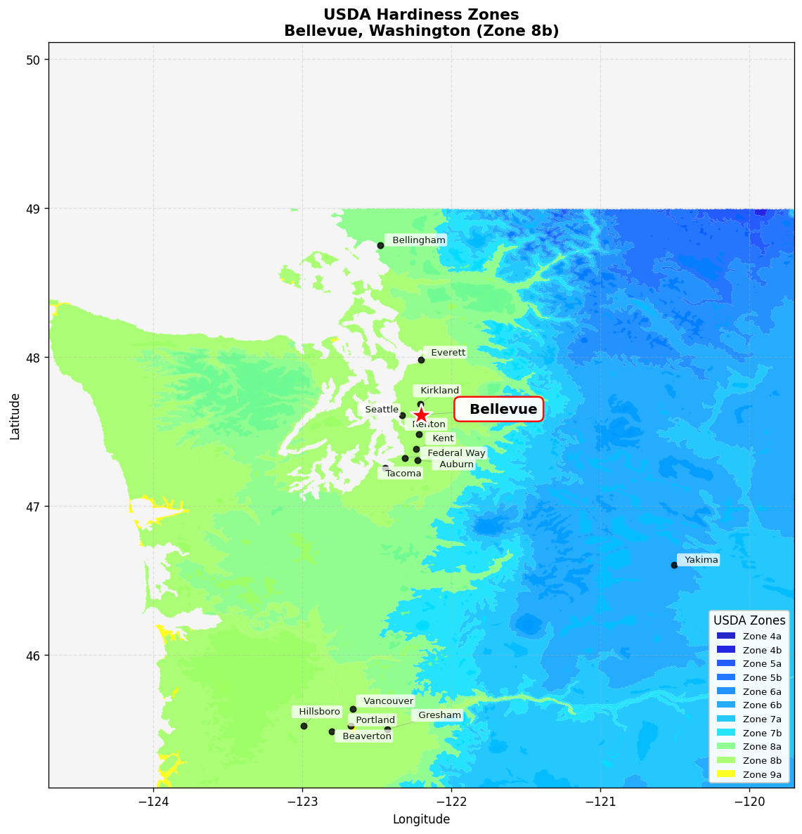 USDA Hardiness Zone 8b Map for Bellevue, WA