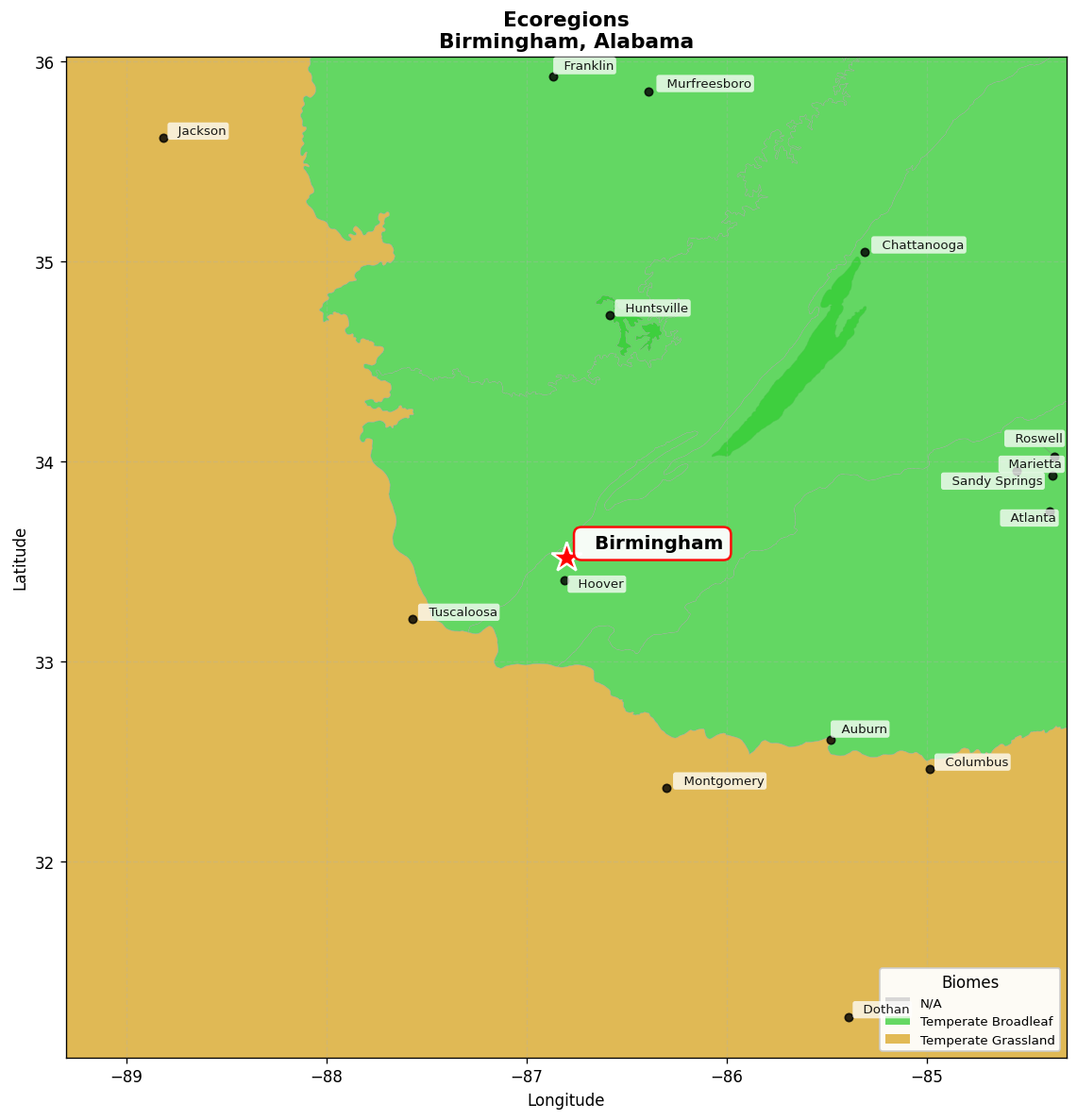 Appalachian-Blue Ridge forests Ecoregion Map for Birmingham, AL