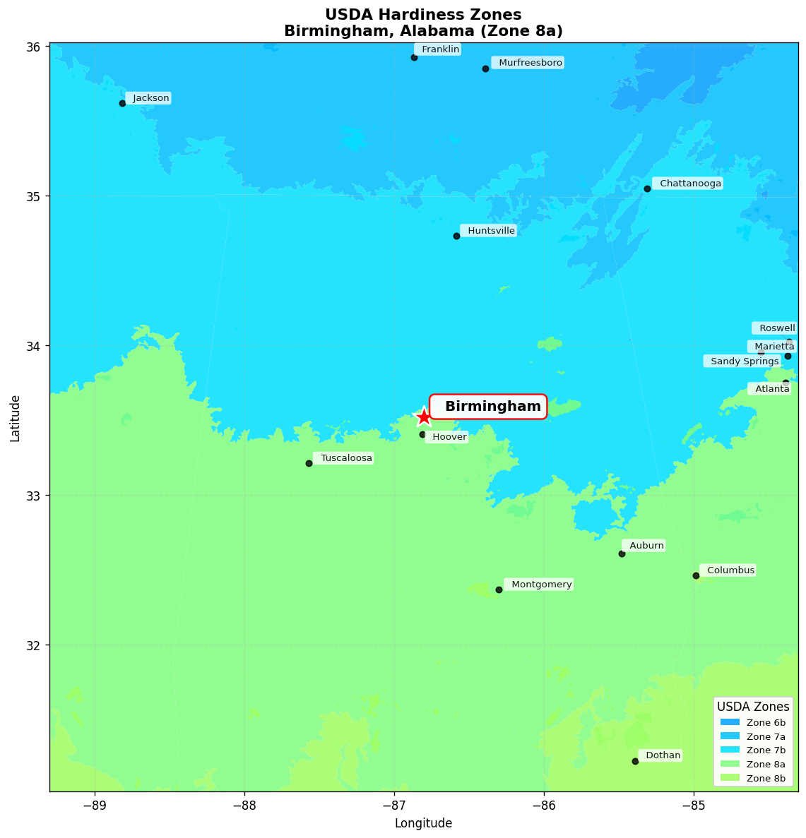 USDA Hardiness Zone 8a Map for Birmingham, AL