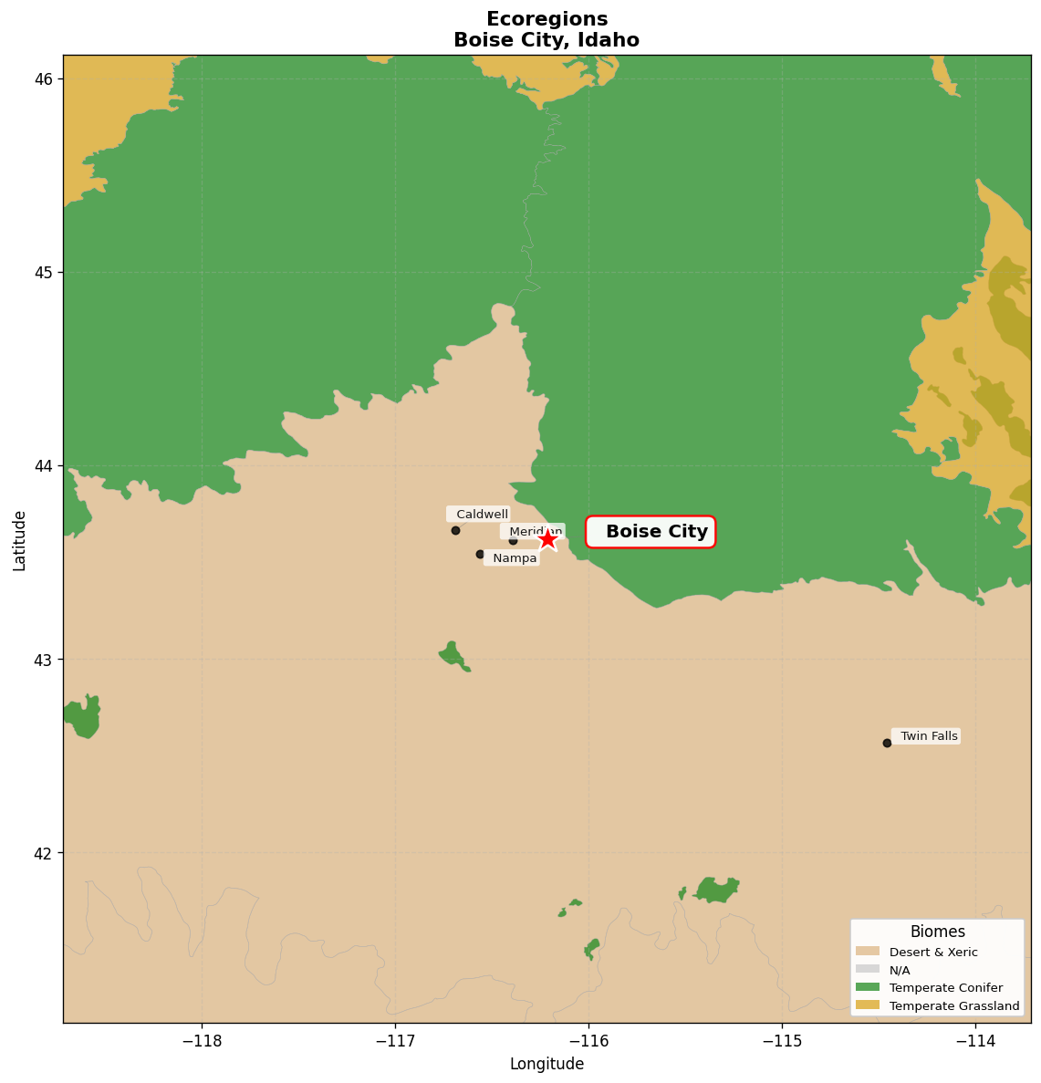 Snake-Columbia shrub steppe Ecoregion Map for Boise City, ID