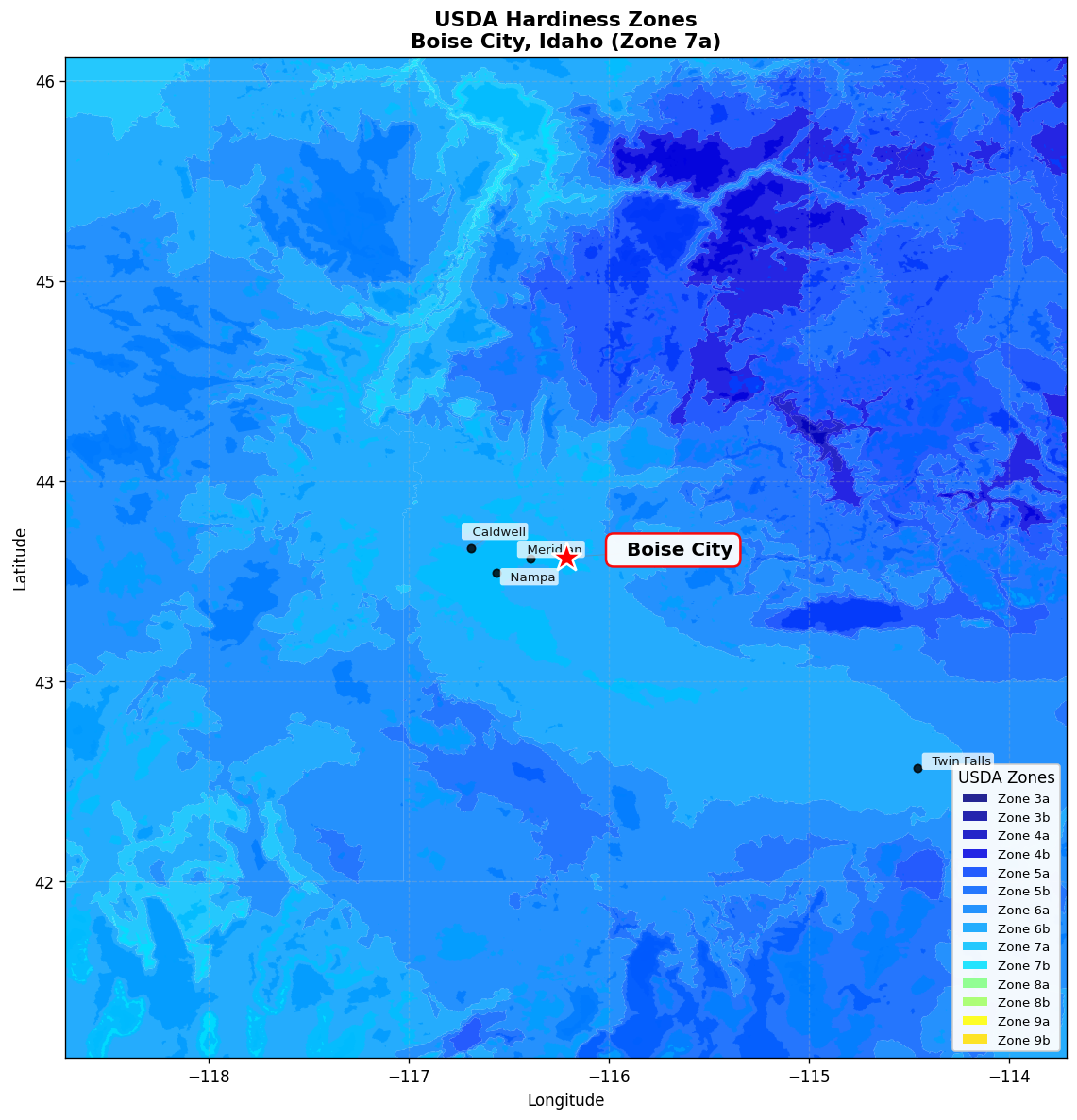 USDA Hardiness Zone 7a Map for Boise City, ID