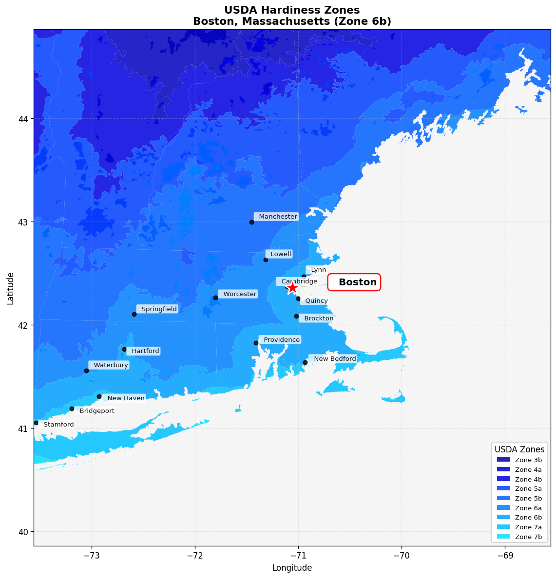 USDA Hardiness Zone Map for Boston, MA