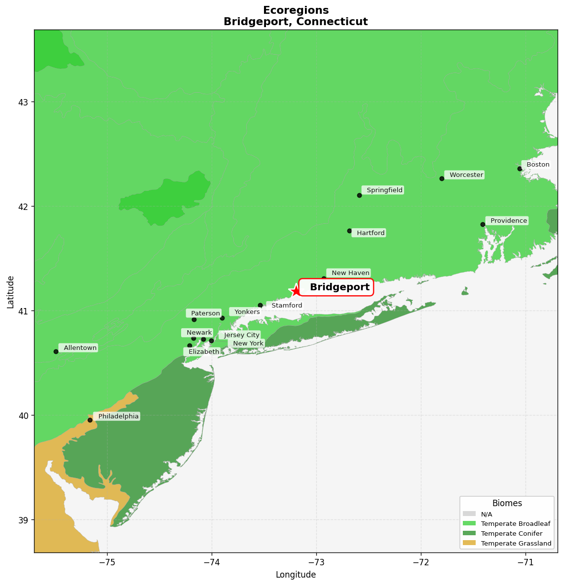 Northeast US Coastal forests Ecoregion Map for Bridgeport, CT