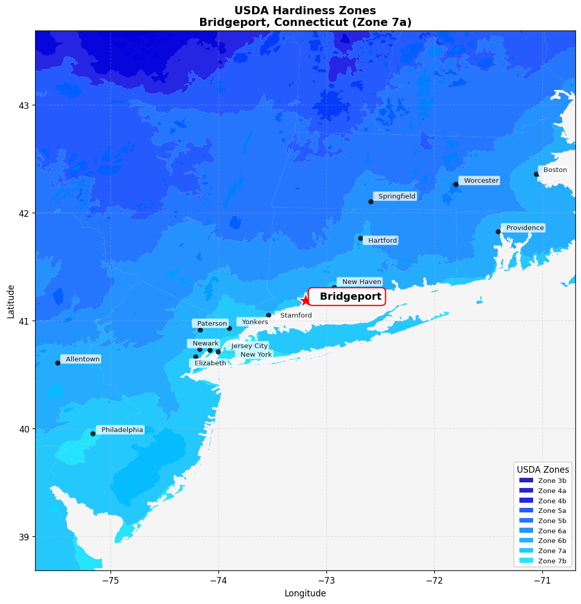 USDA Hardiness Zone 7a Map for Bridgeport, CT