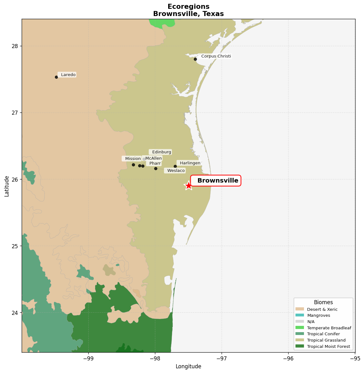 Western Gulf coastal grasslands Ecoregion Map for Brownsville, TX