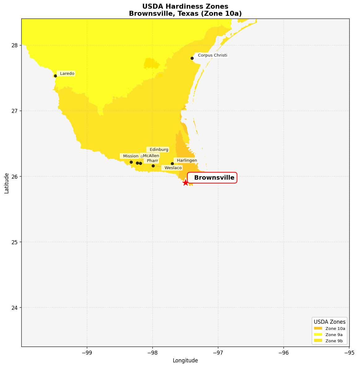 USDA Hardiness Zone 10a Map for Brownsville, TX