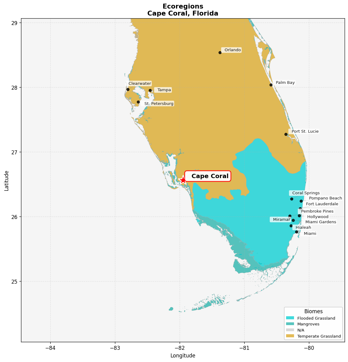 Southeast US conifer savannas Ecoregion Map for Cape Coral, FL