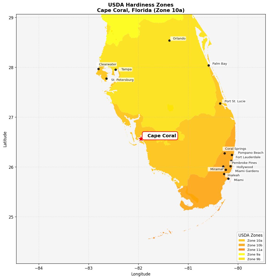 USDA Hardiness Zone 10a Map for Cape Coral, FL