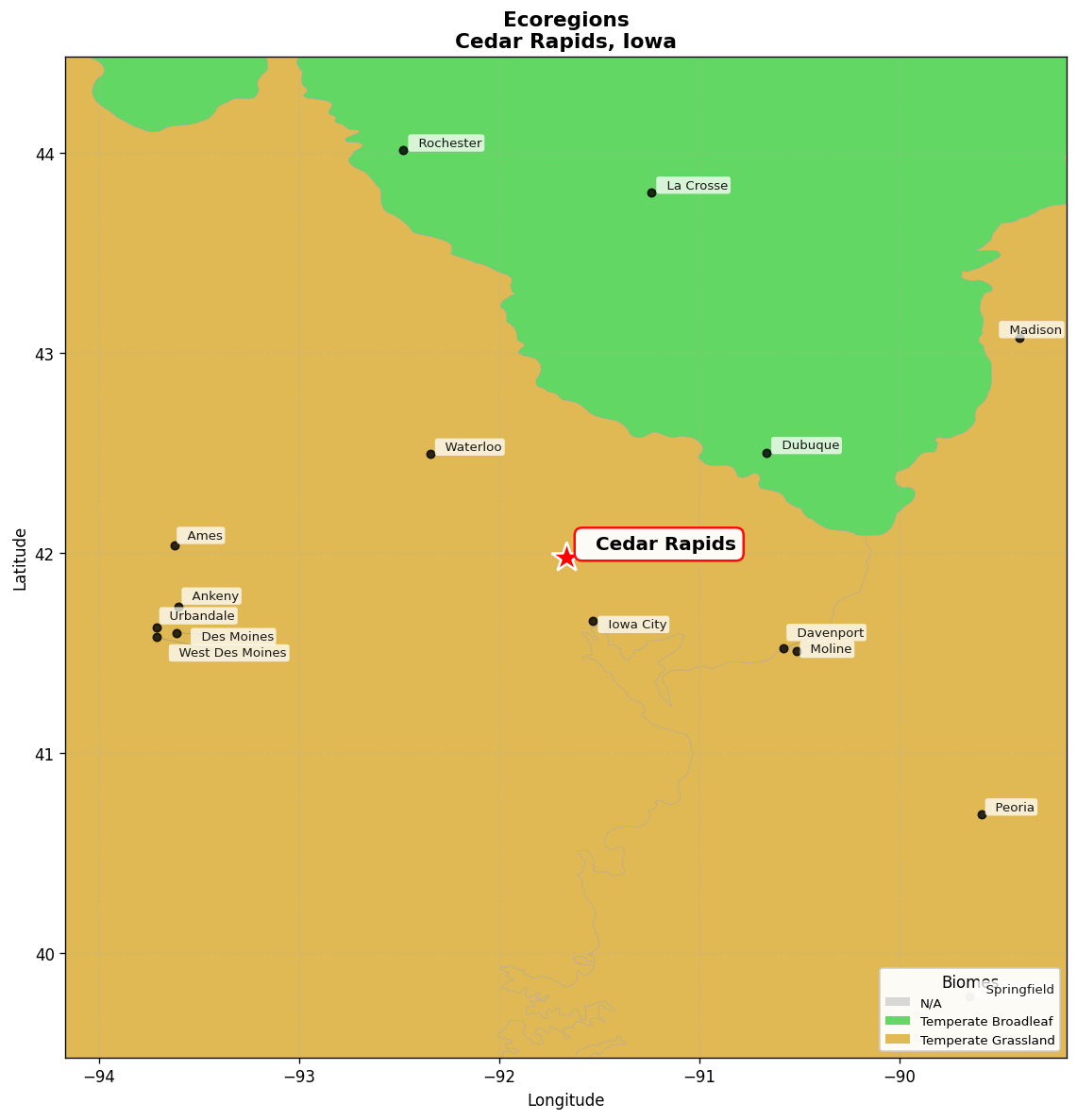 Central Tallgrass prairie Ecoregion Map for Cedar Rapids, IA