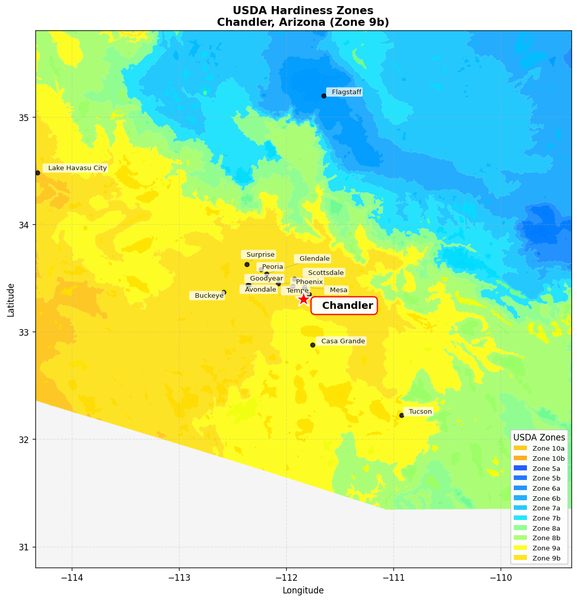 USDA Hardiness Zone 9b Map for Chandler, AZ