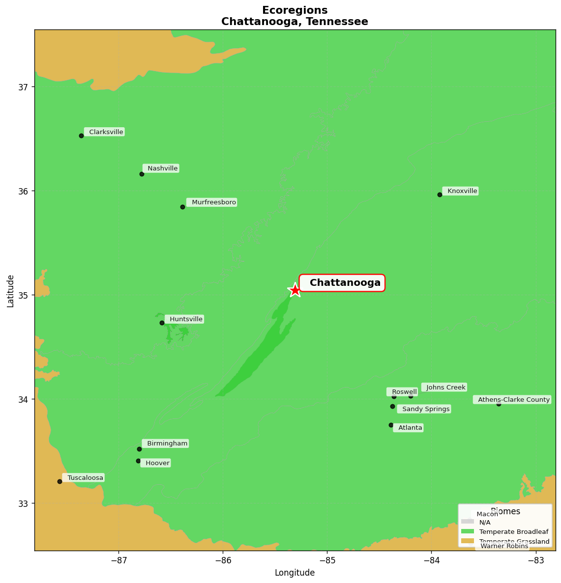 Appalachian-Blue Ridge forests Ecoregion Map for Chattanooga, TN