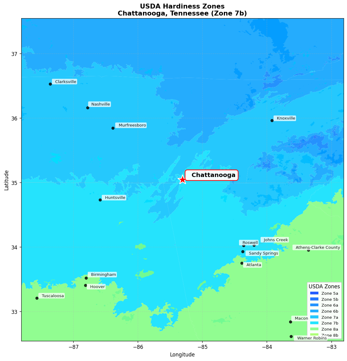 USDA Hardiness Zone 7b Map for Chattanooga, TN