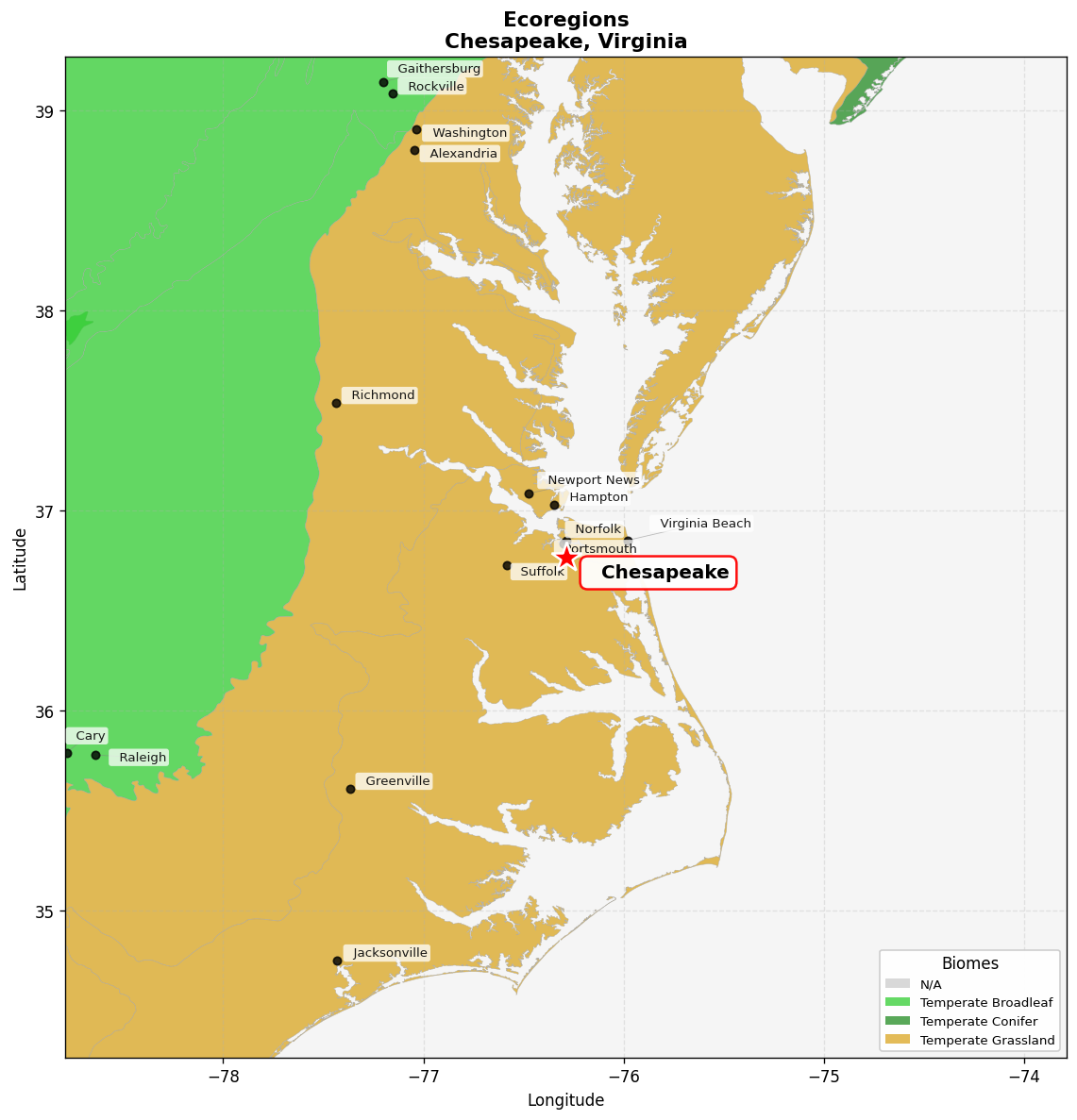 Mid-Atlantic US coastal savannas Ecoregion Map for Chesapeake, VA