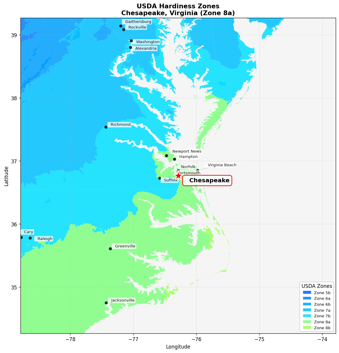 USDA Hardiness Zone 8a Map for Chesapeake, VA