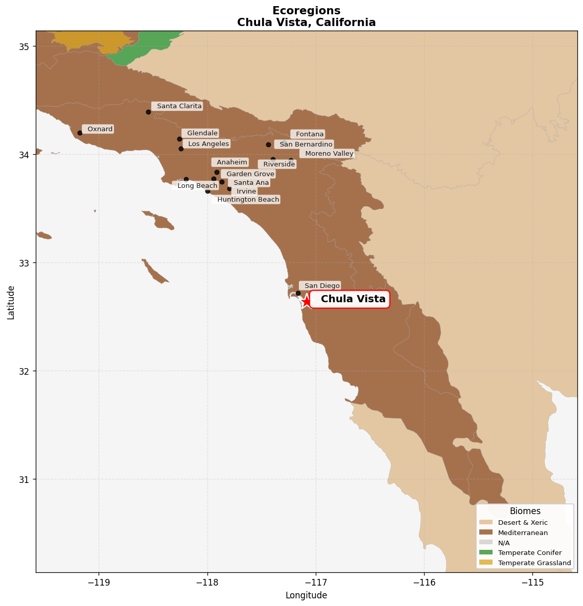 California coastal sage and chaparral Ecoregion Map for Chula Vista, CA