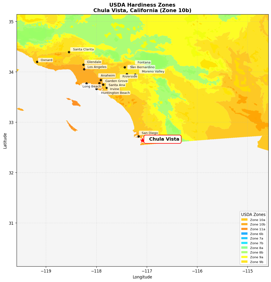 USDA Hardiness Zone 10b Map for Chula Vista, CA