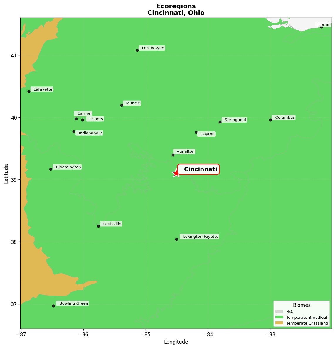 Interior Plateau US Hardwood Forests Ecoregion Map for Cincinnati, OH