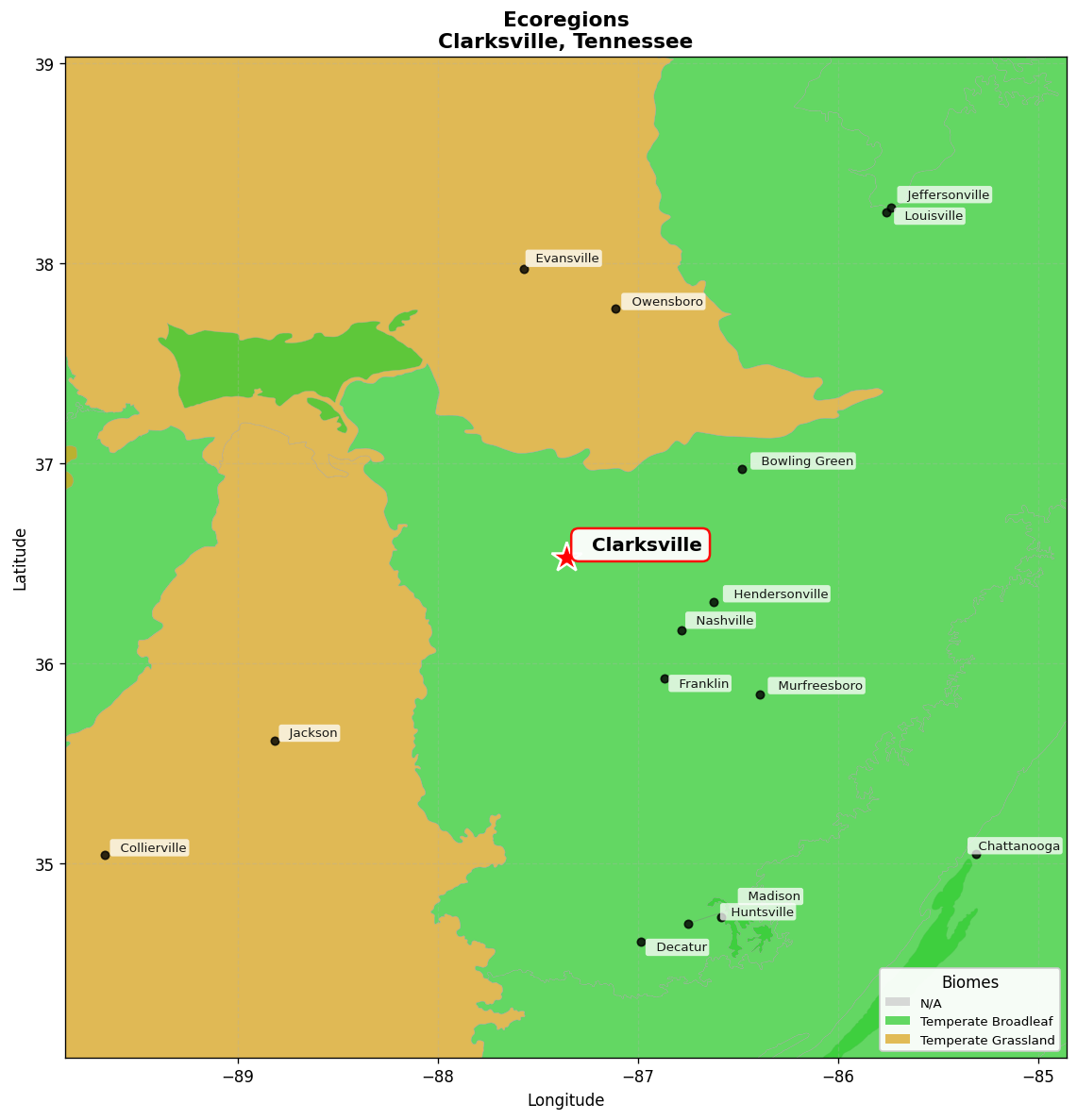Interior Plateau US Hardwood Forests Ecoregion Map for Clarksville, TN