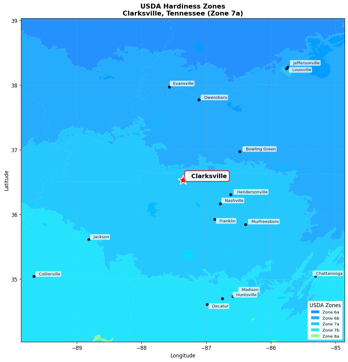 USDA Hardiness Zone 7a Map for Clarksville, TN