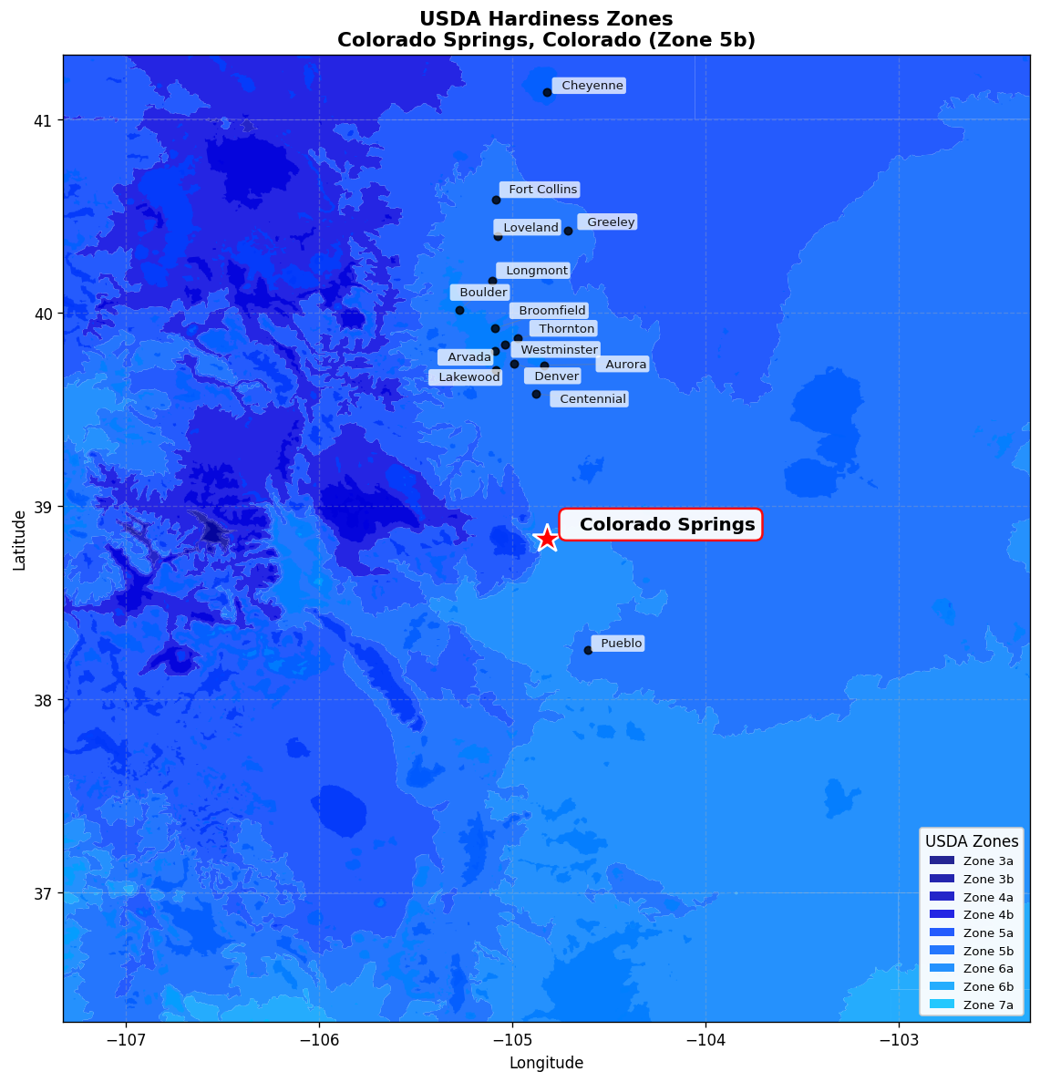 USDA Hardiness Zone Map for Colorado Springs, CO
