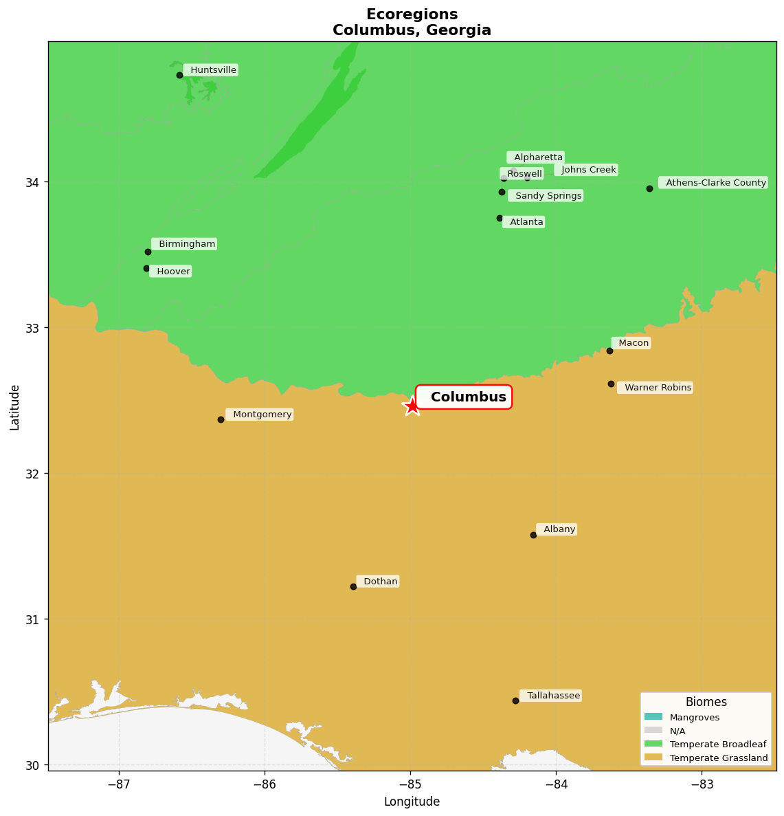 Southeast US conifer savannas Ecoregion Map for Columbus, GA