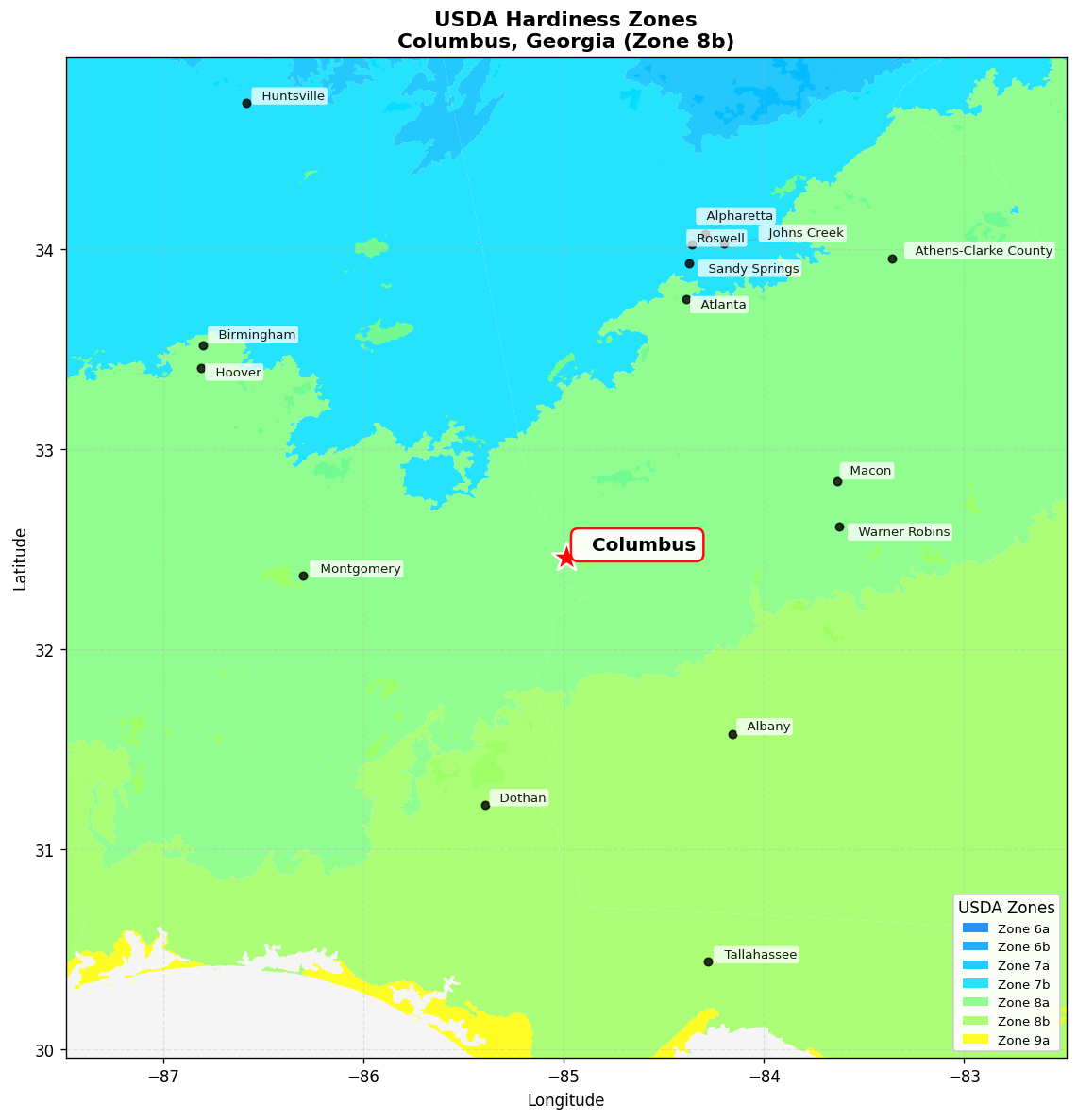 USDA Hardiness Zone 8b Map for Columbus, GA