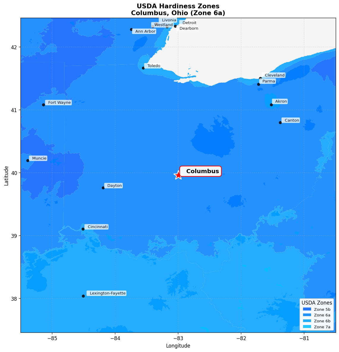 USDA Hardiness Zone Map for Columbus, OH