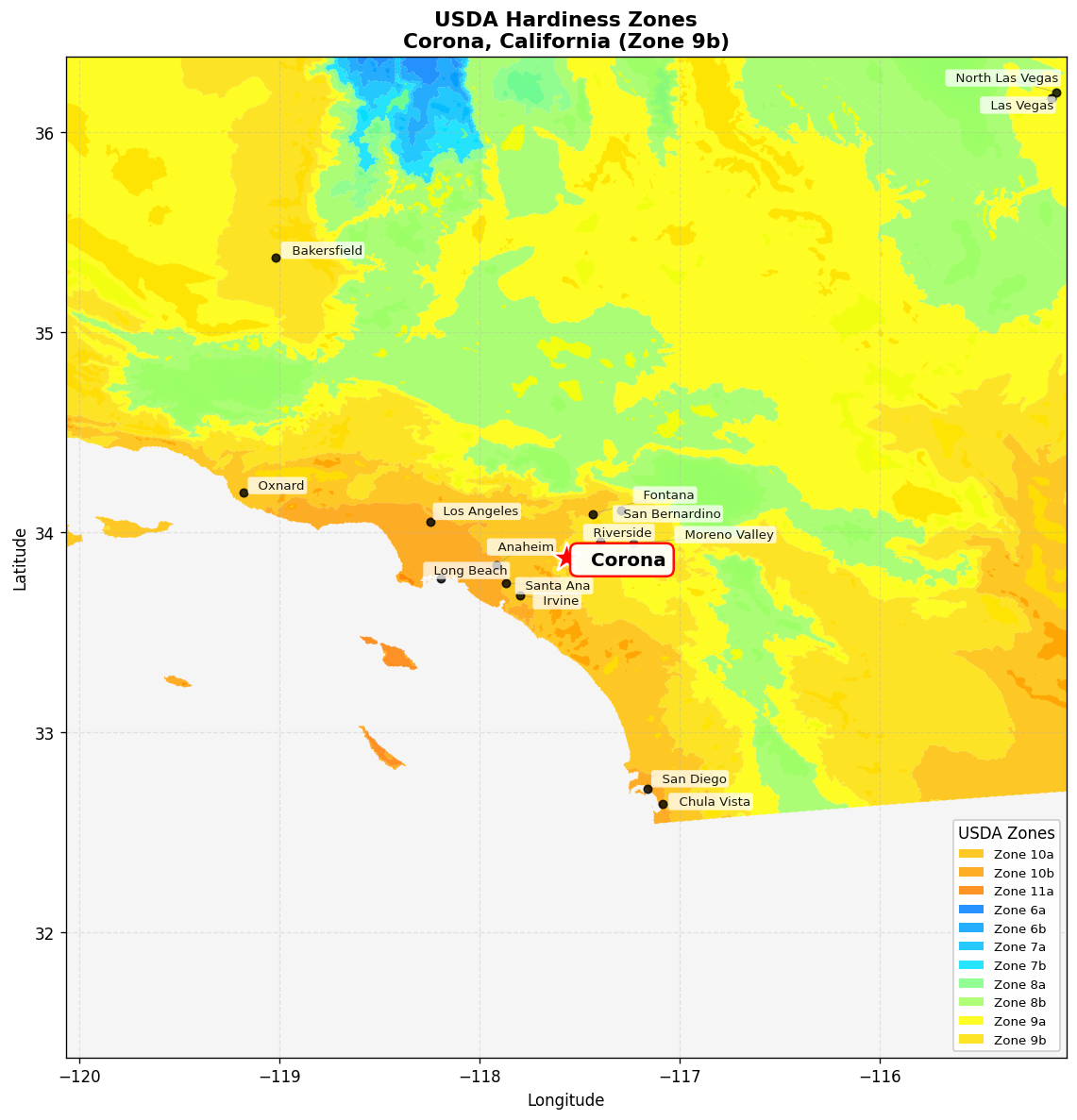 USDA Hardiness Zone 9b Map for Corona, CA