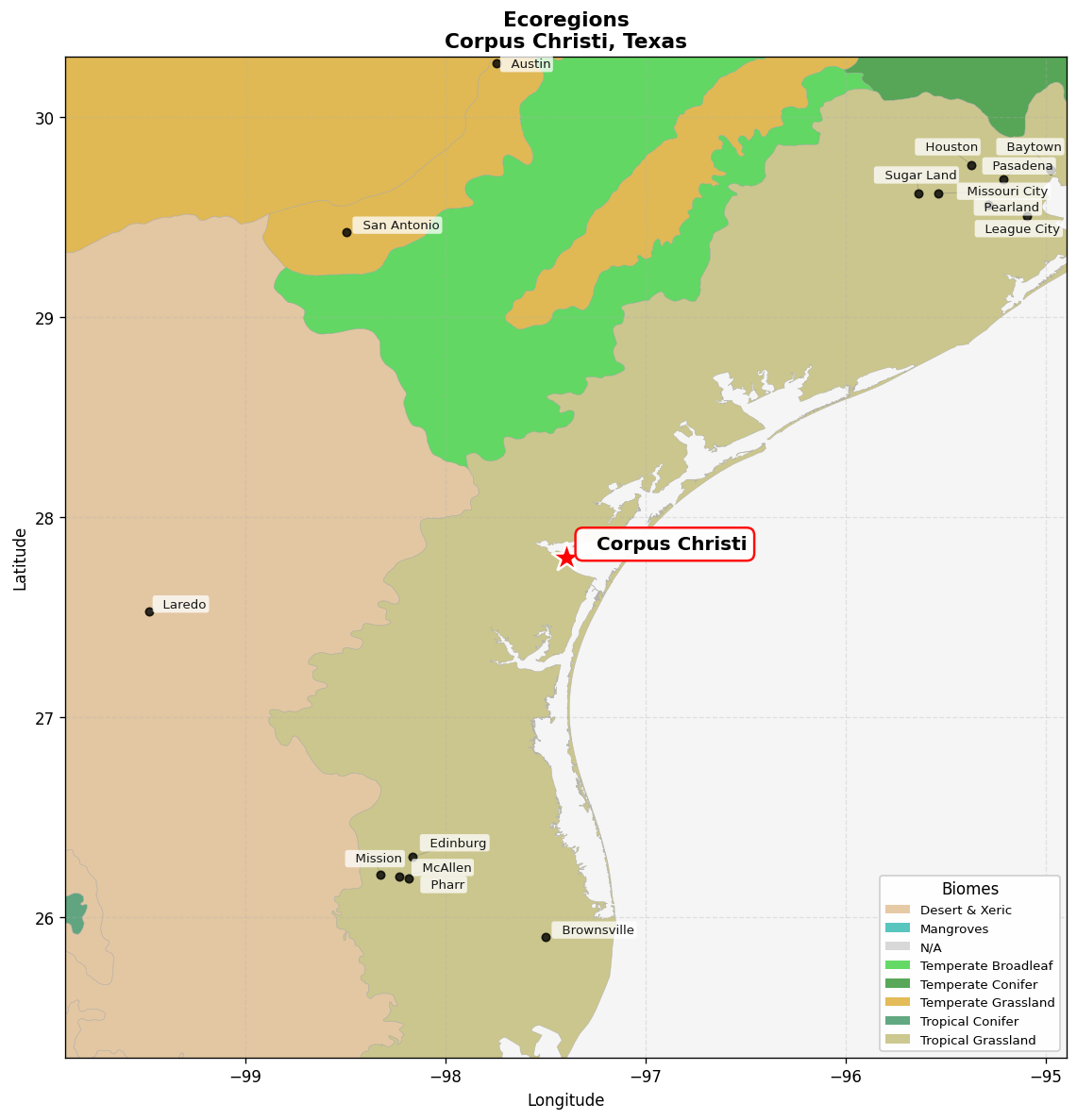 Western Gulf coastal grasslands Ecoregion Map for Corpus Christi, TX