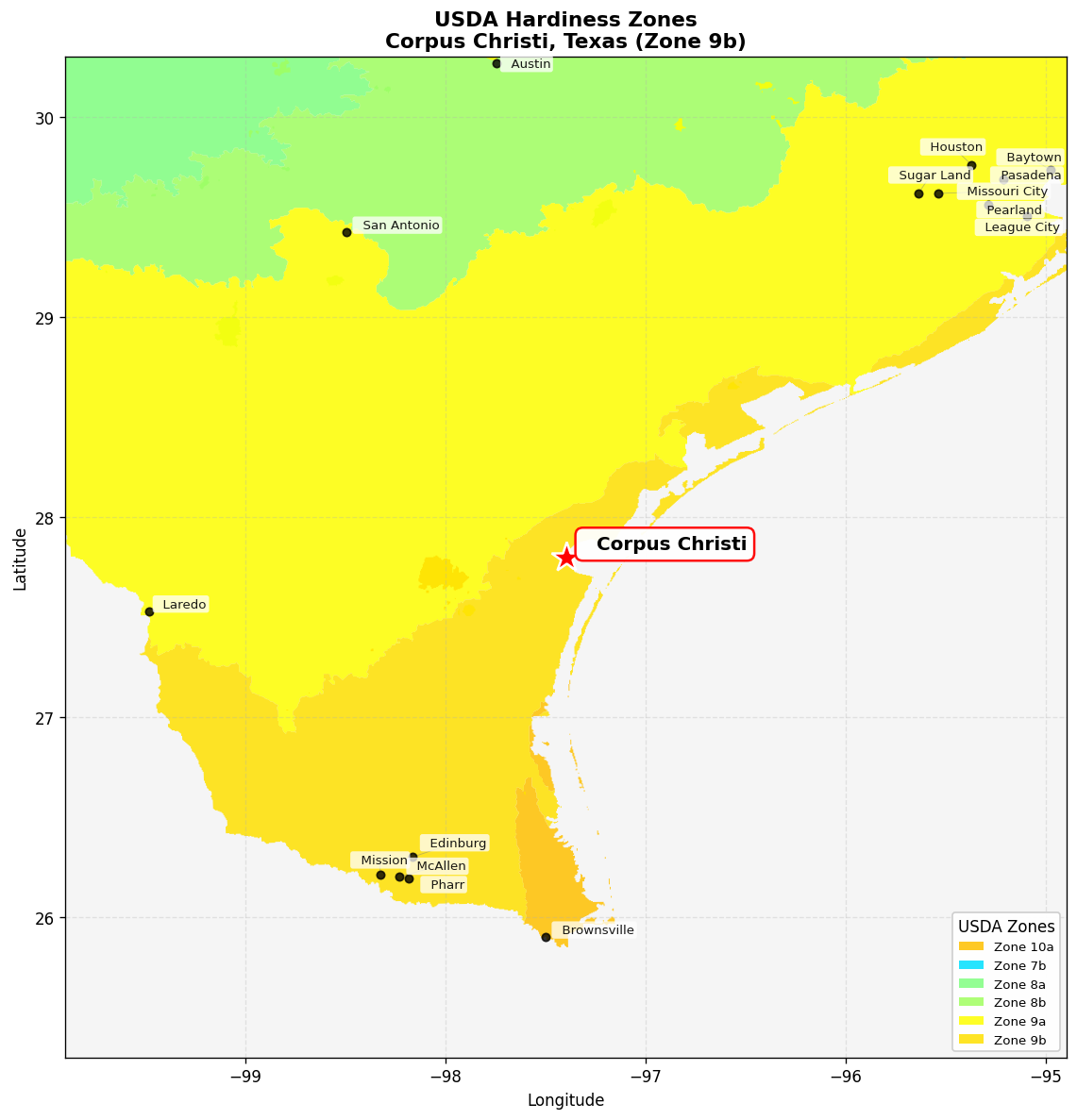 USDA Hardiness Zone 9b Map for Corpus Christi, TX
